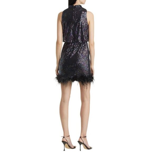 NWT Eliza J Black Feather Trim Sequin Blouson Mini Dress - Picture 2 of 8